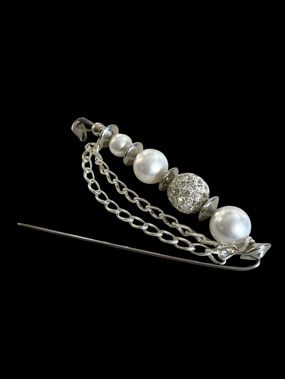 Safety Pin Pearl and Rhinestone Brooch Silver Tone with Chain Accent Lapel Pin - Picture 5 of 6